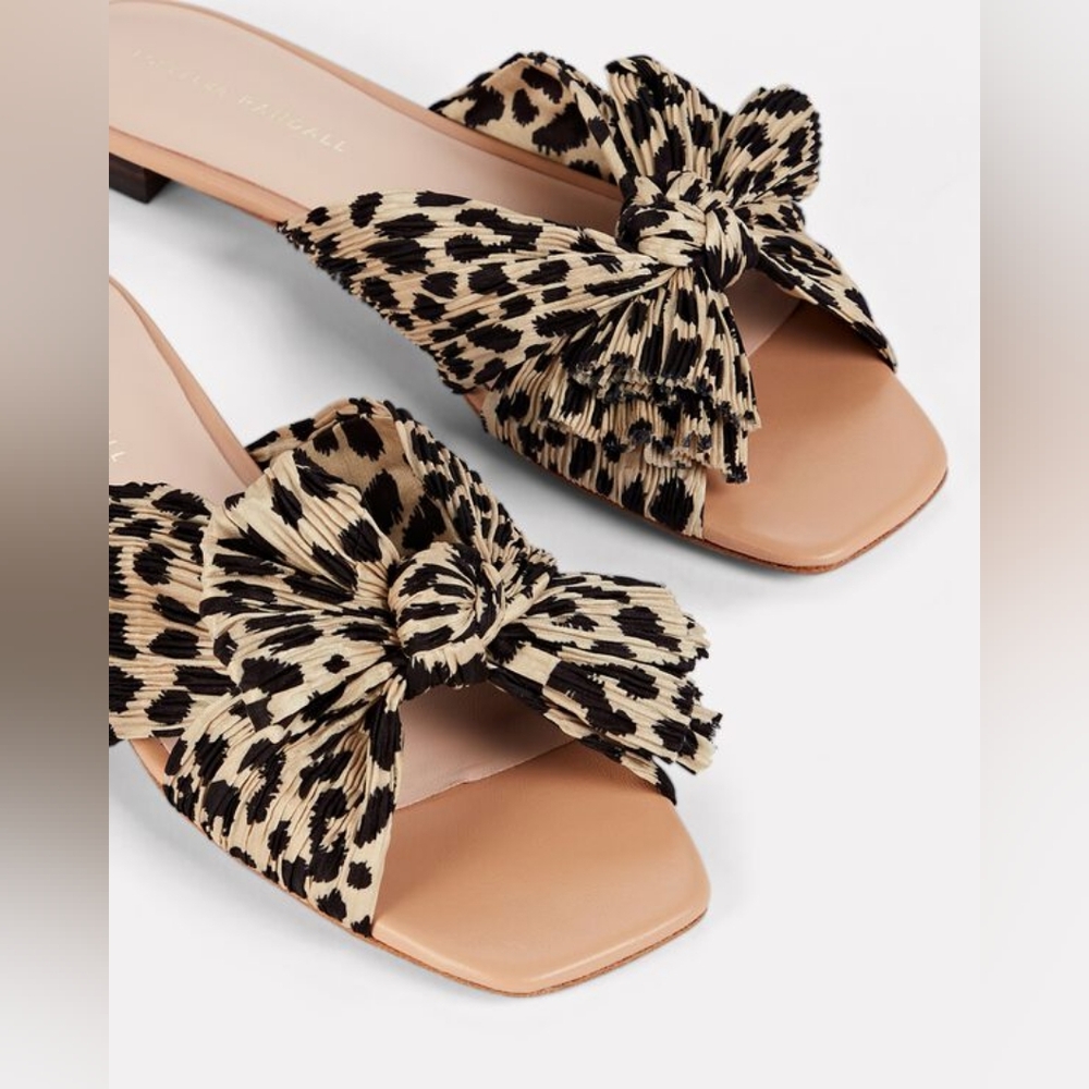 Loeffler Randall Leopard Print Bow Slide Sandals in Tan and Black